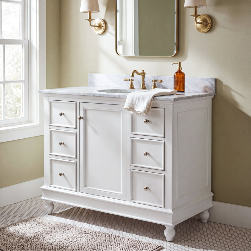 Ferdinand 42'' Single Bathroom Vanity with Top, White, Carrara Marble