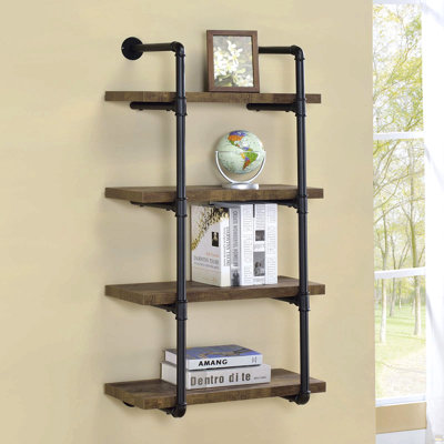 Black And Rustic Oak 4-Tier Wall Shelf