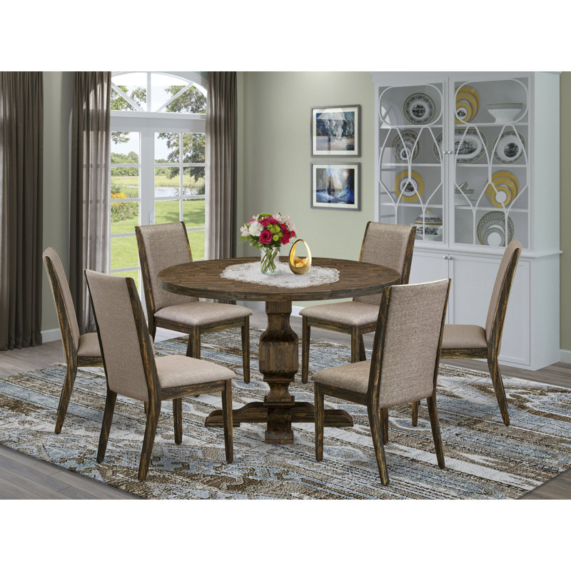 7 Piece Modern Dining Table Set Contains a Mid Century Dining Table and 6 Dark Khaki Linen Fabric Mid Century Chairs with High Back - Distressed Jacobean Finish