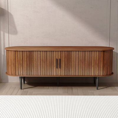 Meuble télé, console de télévision moderne de 55 po avec compartiment de rangement et porte coulissante, centre de divertissement pour jeux vidéo avec armoire pour salon, chambre à coucher, bureau (noyer)
