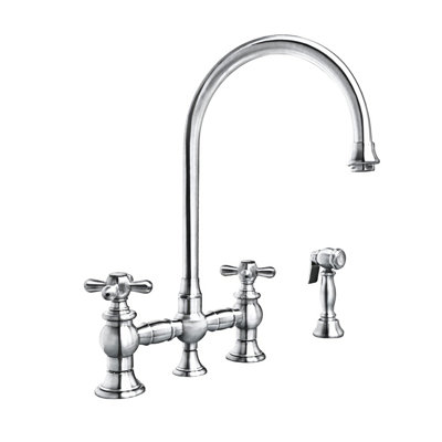 Whitehaus Collection Bridge Faucet with Long Gooseneck Swivel Spout, Lever Handles and Solid Brass Side Spray