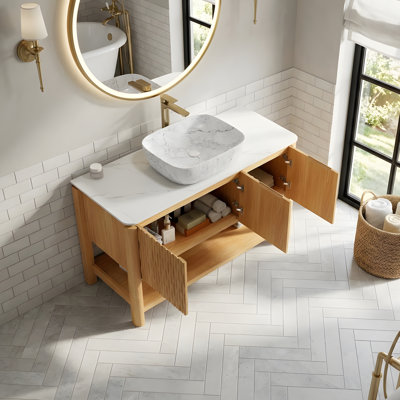 48" Bathroom Vanity&Sink, Freestanding Plywood Storage Cabinet with 3 Bamboo Texture Doors&Open Shelf, Marble Pattern Ceramic Vessel Basin&Carrara White Sintered Stone Top, Woodgrain Color