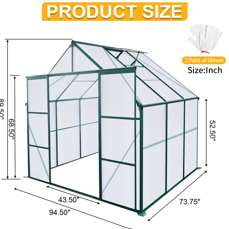 Walk-In 8X6ft Greenhouse With Air Flow System - Provide Fresh For Plants All Year Polycarbonate Roof Adjustment Enhance Plant Growth Conditions Season Long