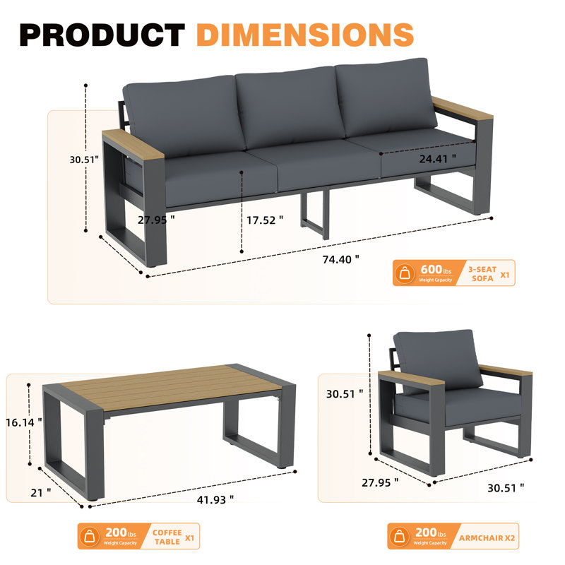 Ensemble de conversation extérieur 4 pièces, ensemble de mobilier de patio avec structure en aluminium comprenant un canapé 3 places, 2 fauteuils et une table basse, accoudoirs et plateau de table en plastique imitation bois, coussins ergonomiques de 12,7 cm d'épaisseur