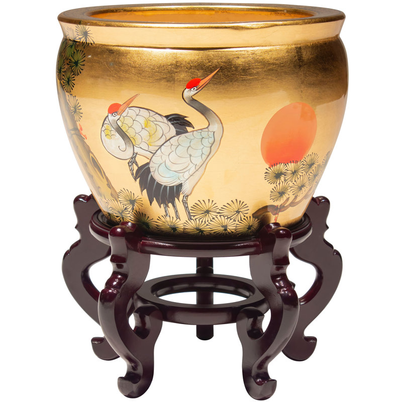 16" Gold Lacquer Fishbowl - Cranes, 9" H x 12" W x 12" D
