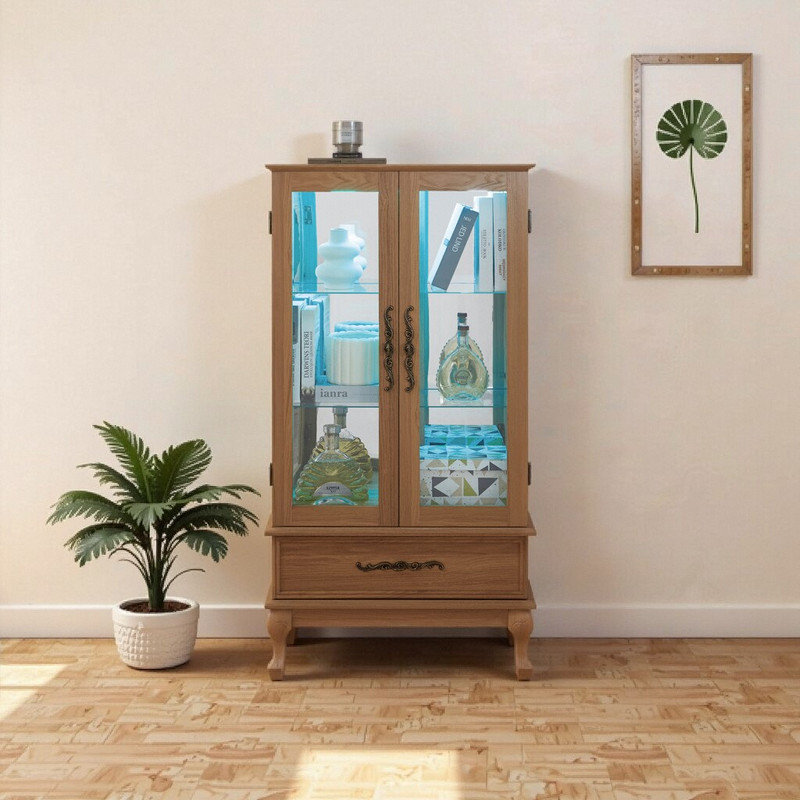 Vitrine lumineuse avec portes en verre et tiroir caché, tablettes réglables et éclairage DEL, Bois de chêne