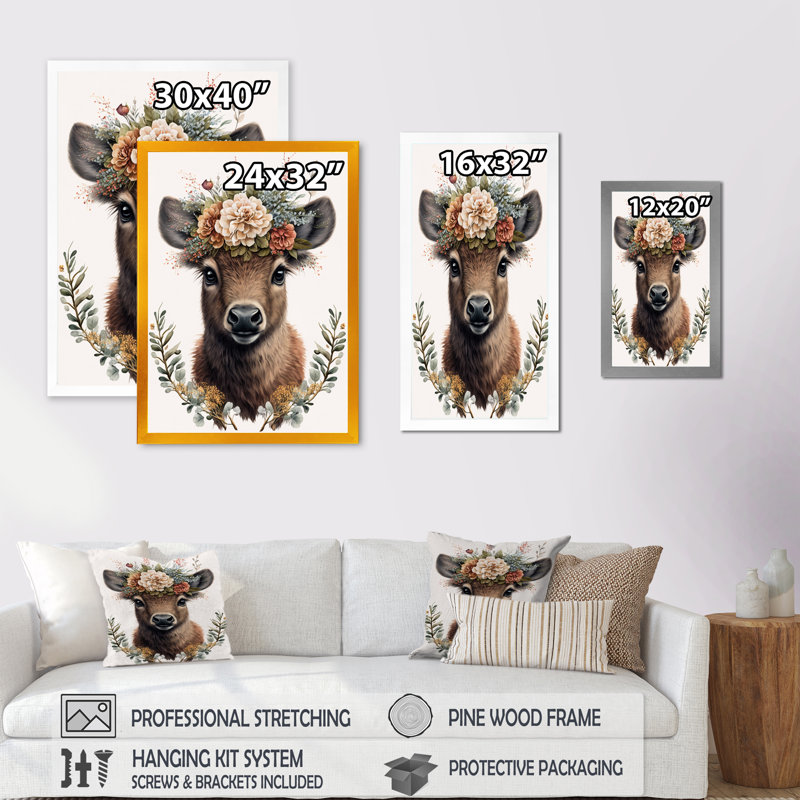 Mignon bébé bison avec couronne florale - animaux, art mural sur toile, Cadre photo noir, L 12 po x H 20 po