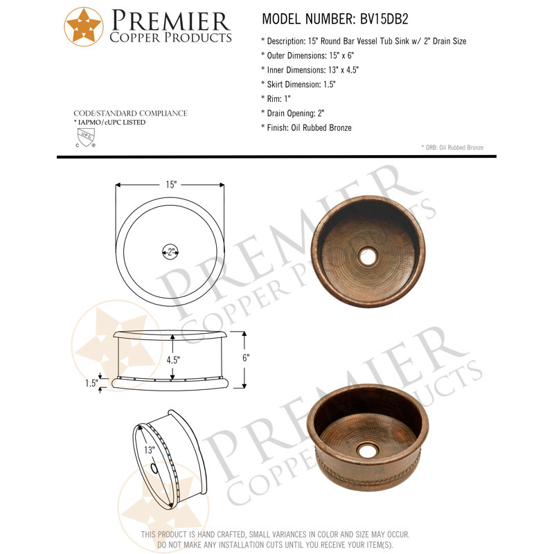15" Round Bar Vessel Tub Sink w/ 2" Drain Size