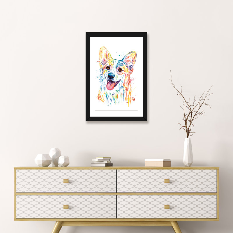 Corgi par Lisa Whitehouse - impression d'art graphique, Papier encadré noir, Blanc, H 24 po x l 16 po x P 1 po