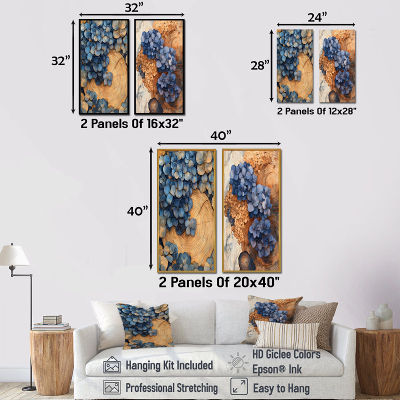 Fleurs d'hydrangées aqua sur glissade en bois I - impressions sur toile florales 2 panneaux, H 32 po x l 33 po