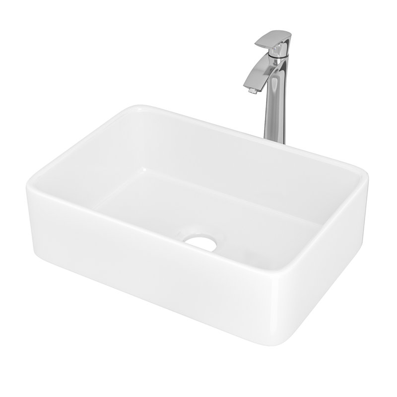 19"X15" White Ceramic Rectangular Vessel Bathroom Sink,  Chrome