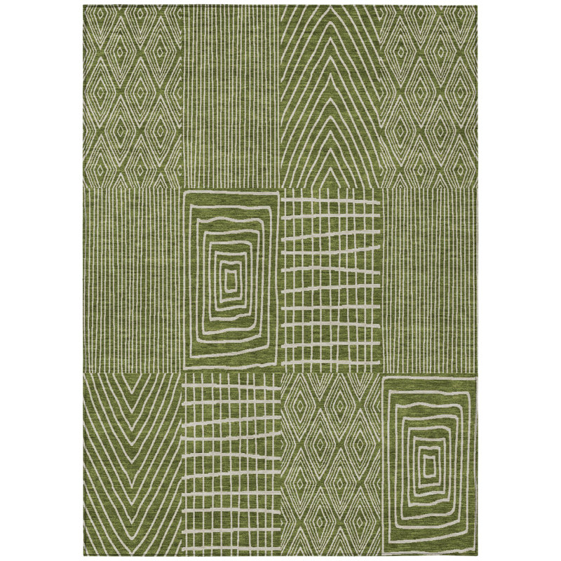 Tapis extérieur lavable géométrique vert olive et beige 3 pi x 5 pi
