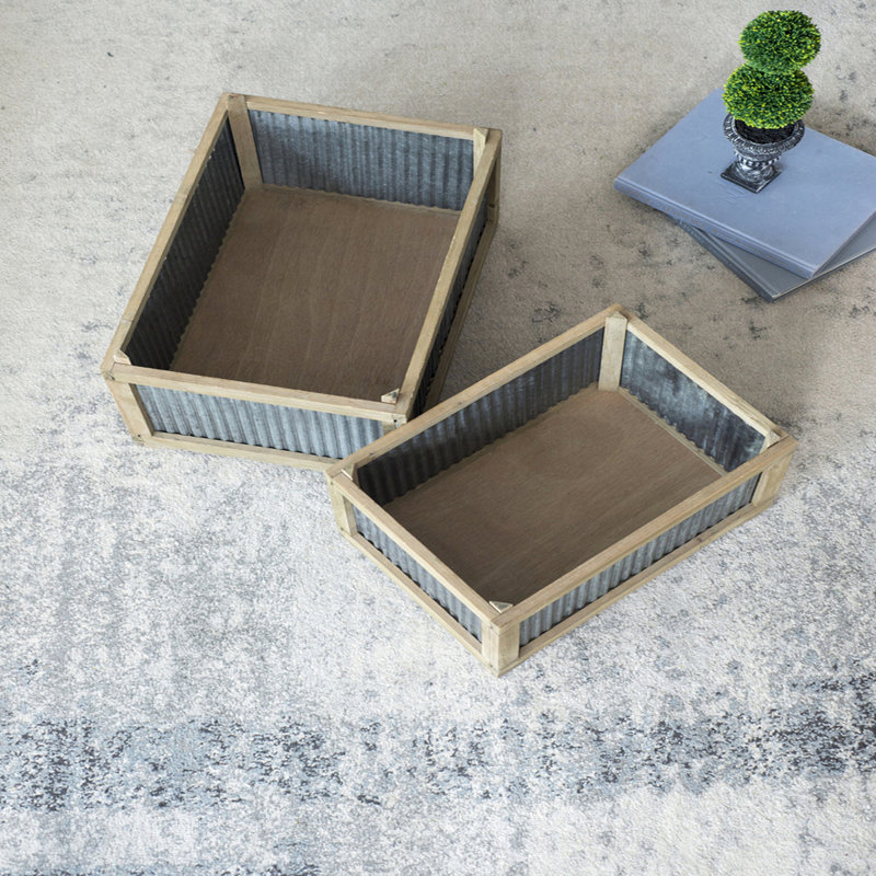 Set Of 2 Rectangular Rustic Planter, L:20x14x11.5" S:17x12x10"