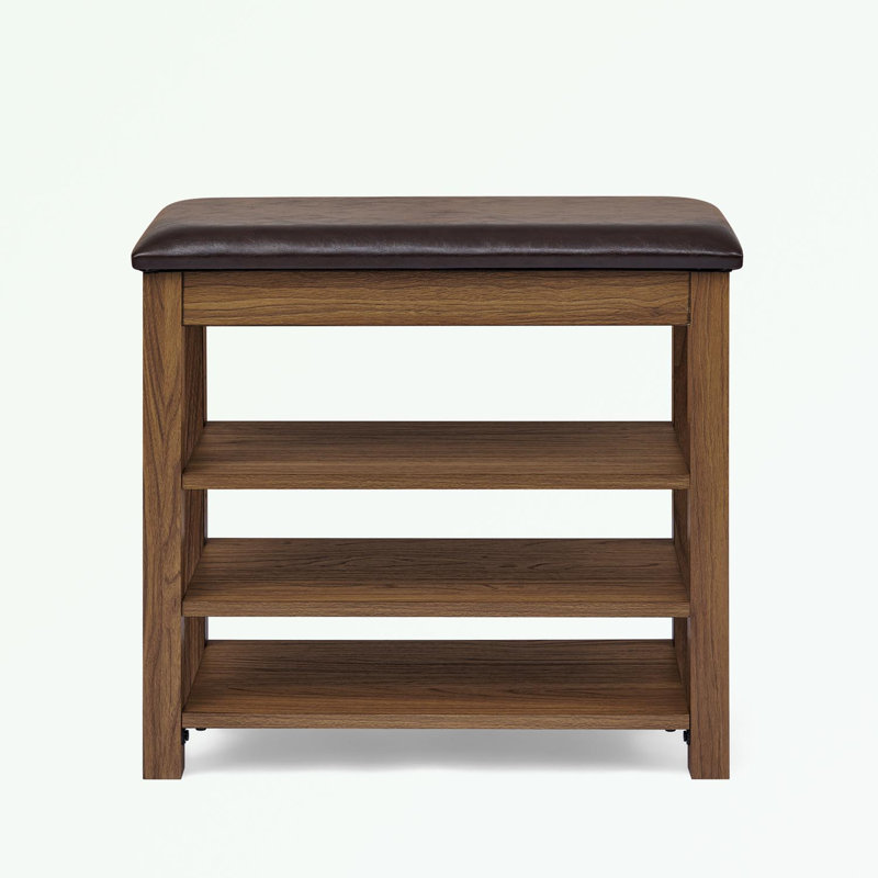 Banc à langer en bois avec assise en similicuir et tablettes ouvertes, Brun