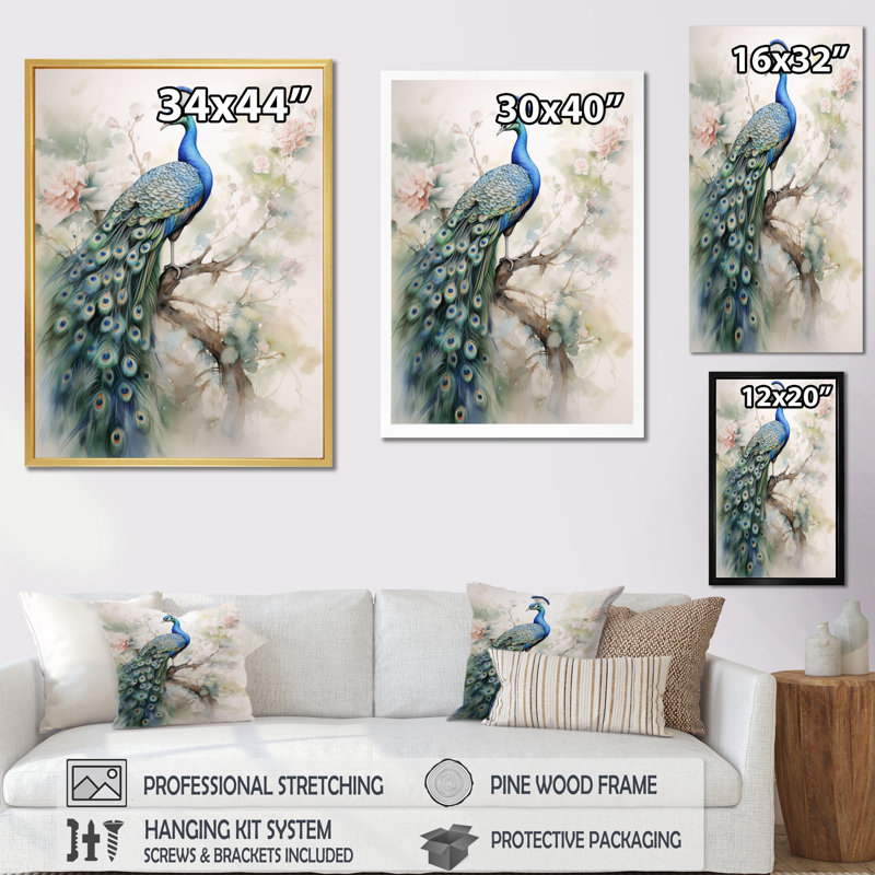 Baldassarre Blue Ink Wash Peacock II Framed On Canvas Print, 44" H x 34" W, Wrapped Canvas
