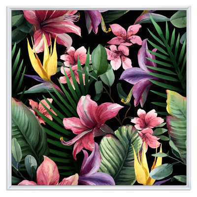 Fleurs tropicales rouges sur fond noir II - reproduction d'art sur toile traditionnelle