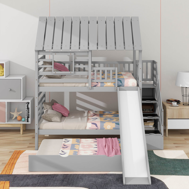 Twin Over Twin Bunk Bed With Trundle And Slide, Gray