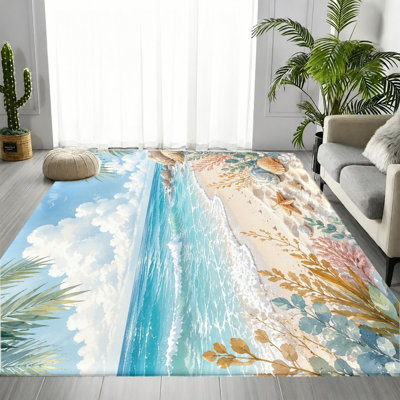 Tapis de paysage tropical Ocean Beach, motif eau, sable et feuille de palmier, impression aquarelle artistique, tapis antidérapant, décoration intérieure vibrante pour le salon, la chambre à coucher, la cuisine
