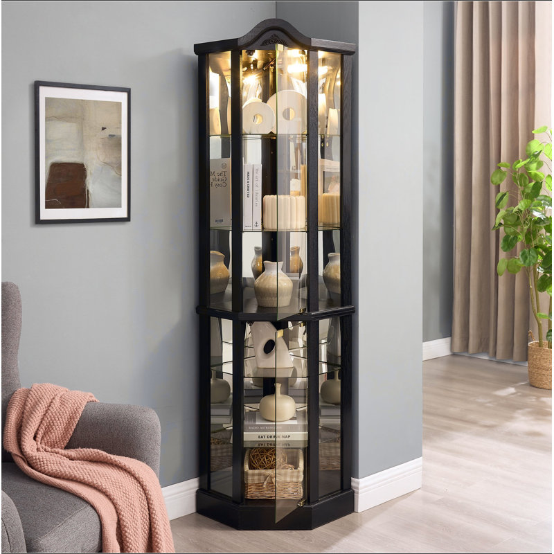 Vitrine de coin vitrée éclairée avec tablettes réglables, Black