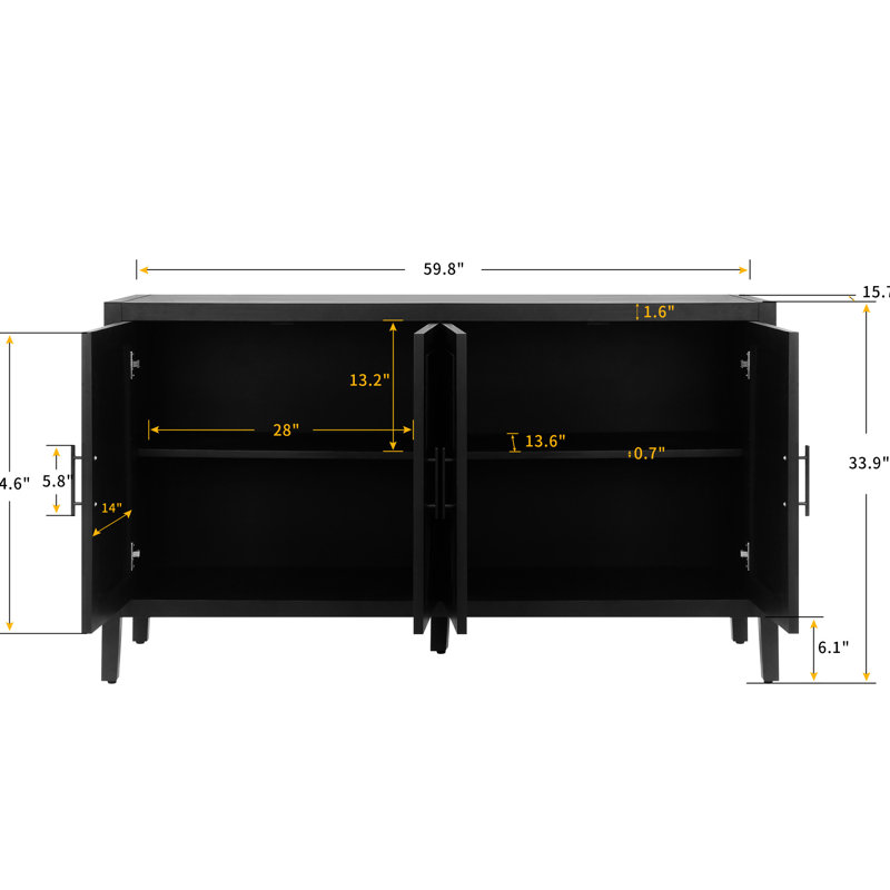 60 Inches Sideboard With 4 Doors And Adjustable Shelf, For Entryway (antique Black Modern Storage Cabinet Shelf In Antique Color