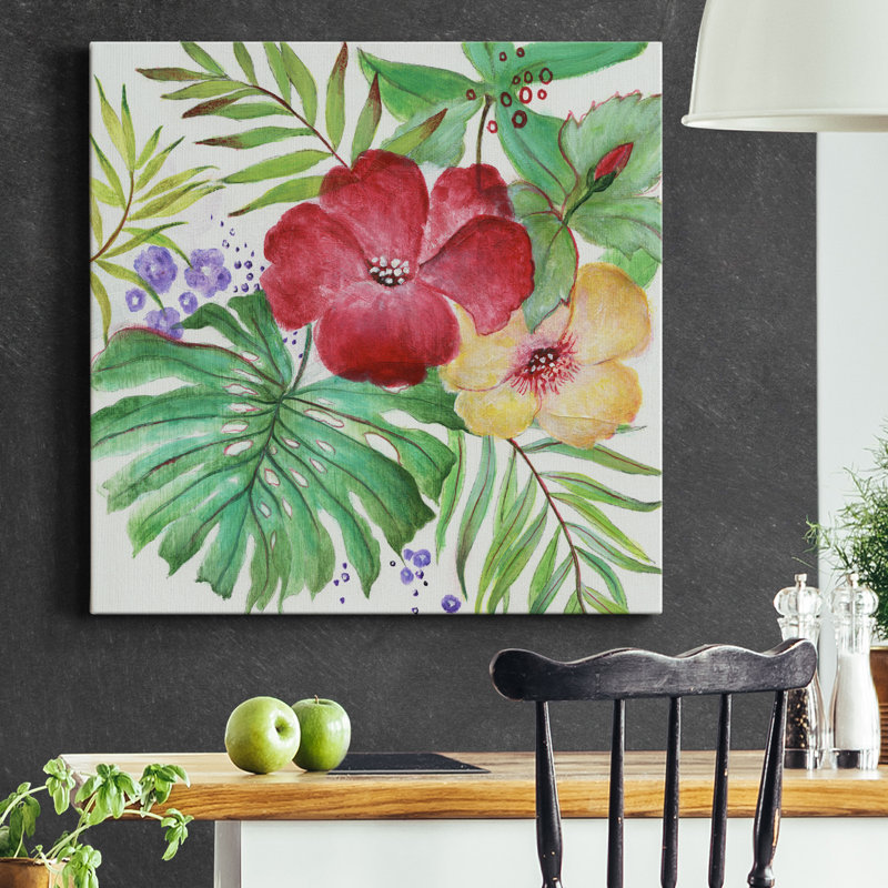 Fleurs tropicales - peinture sur toile tendue, H 40 po x l 40 po x P 1 po