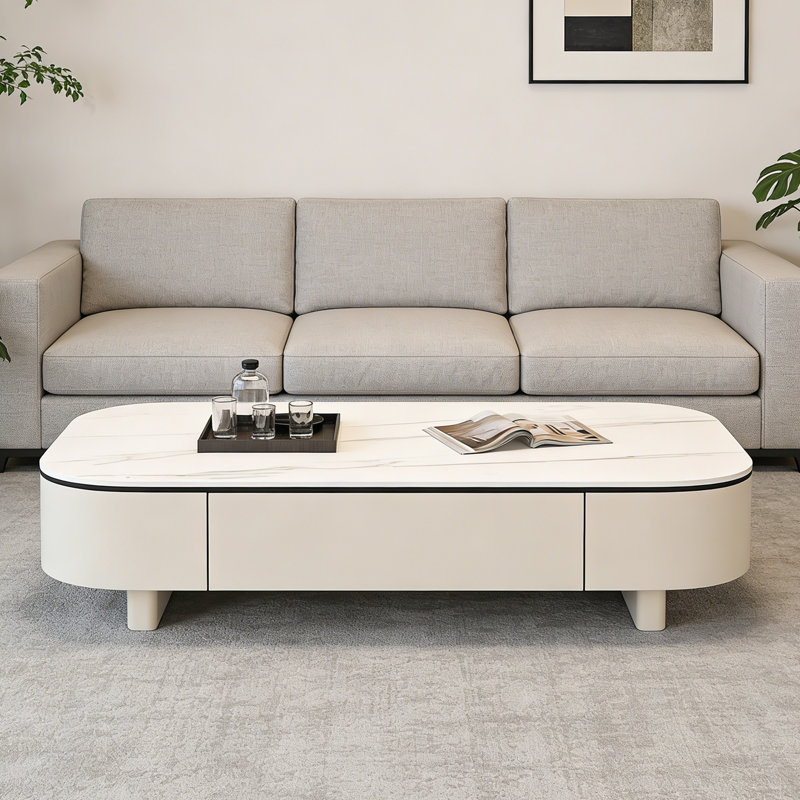 Table basse moderne avec rangement en dalle de pierre, H 15,7 po x L 51,2 po x l 27,6 po, Blanc / Gris, Crème