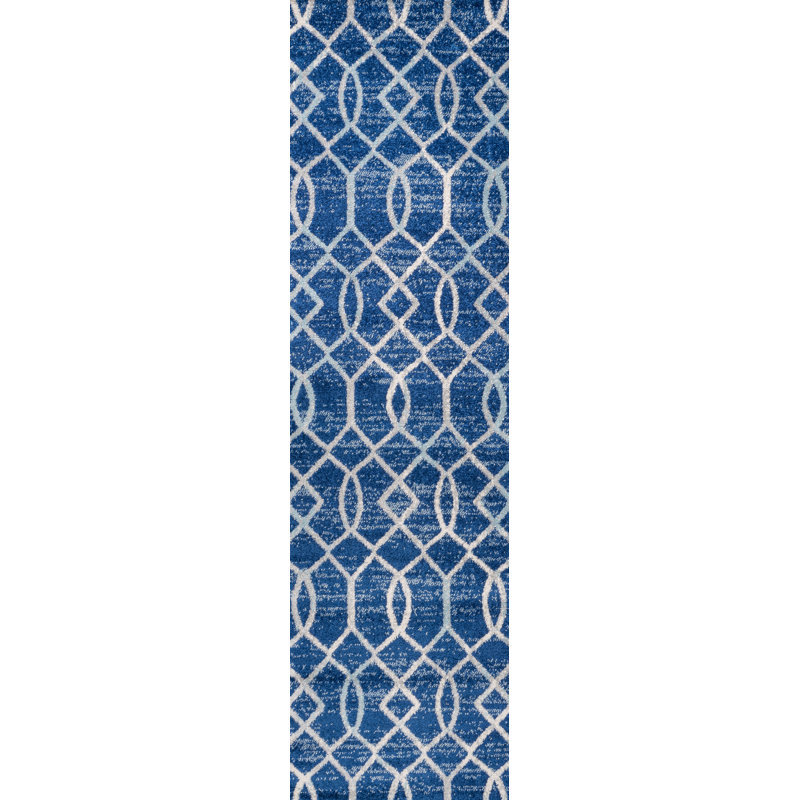 Oakden Ogee Fretwork Blue/Gray Rug, Runner 2'3" x 8'