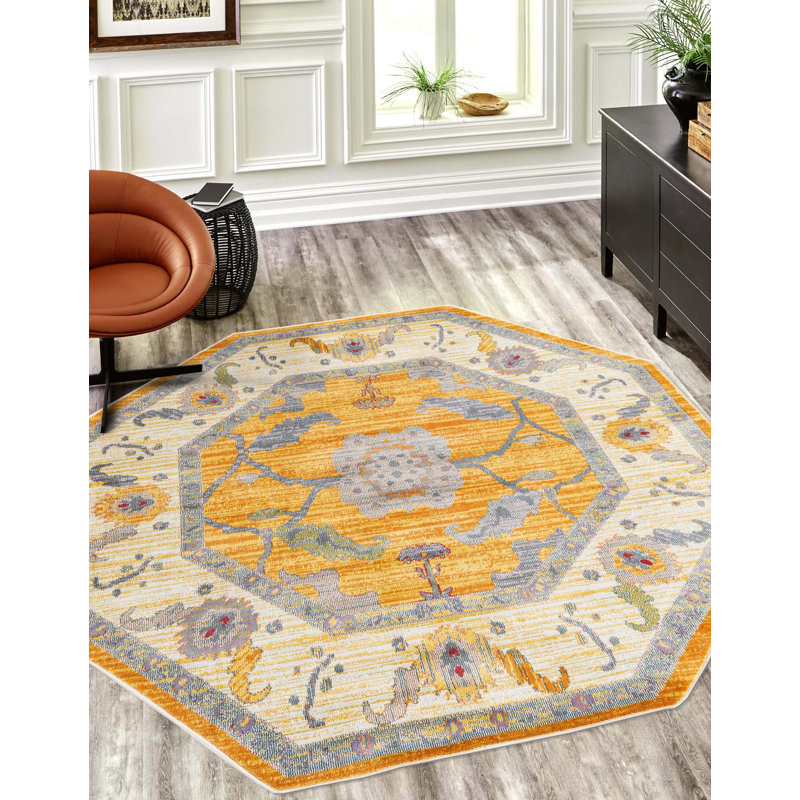Tapis oriental jaune / beige / gris Haefner, Octogone 6 pi x 6 pi