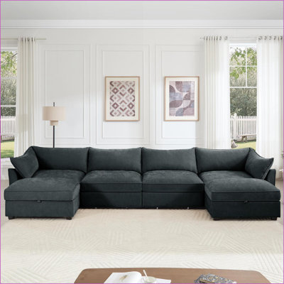 Canapé modulaire en U moderne à 4 places avec 2 repose-pieds Rangement sous le siège, chenille gris anthracite | Gris anthracite | Chenille