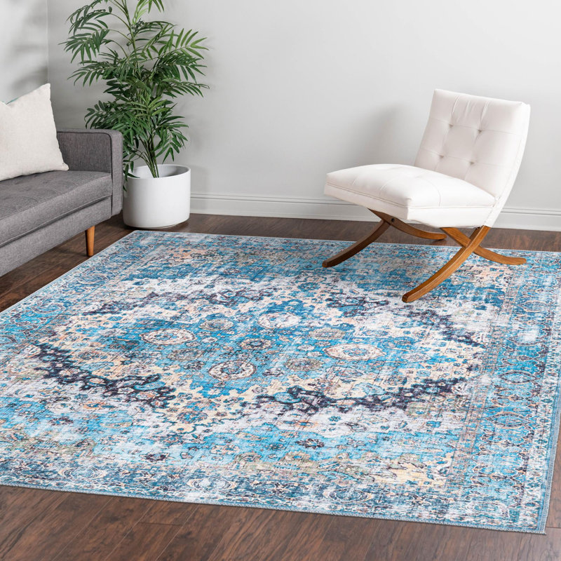 Tapis bleu / gris en chenille de style oriental Gutshall, Carré 7 pi 10 po