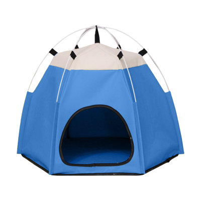 Hexagon Pet Tent 23.6x18.8x18.8in Portable Folding Waterproof Cat Dog House For Camping, Blue