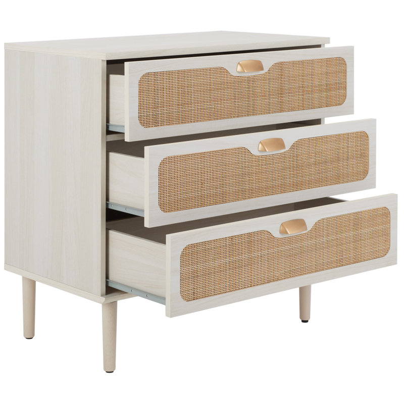 Commode 3 tiroirs Irelia, Blanc blanchi / rotin naturel