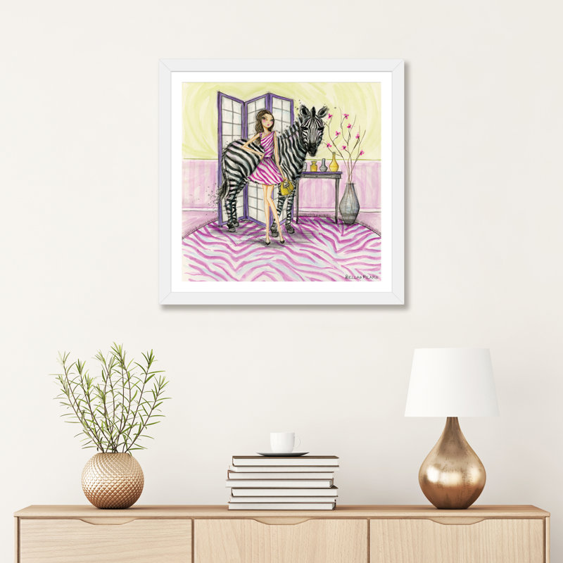 Zoe et zèbre art, H 24 po x l 24 po x P 1 po, Papier avec cadre blanc