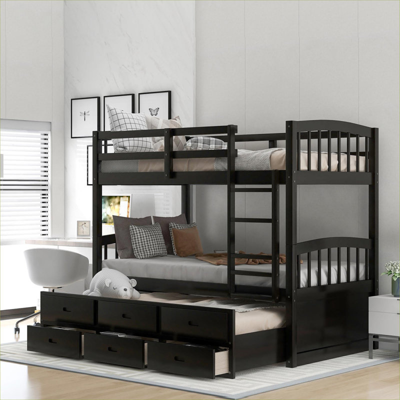Structure de lit simple superposé au-dessus de lit simple en bois de pin brun avec couchette convertible et tiroirs de rangement, convient aux matelas simples standard