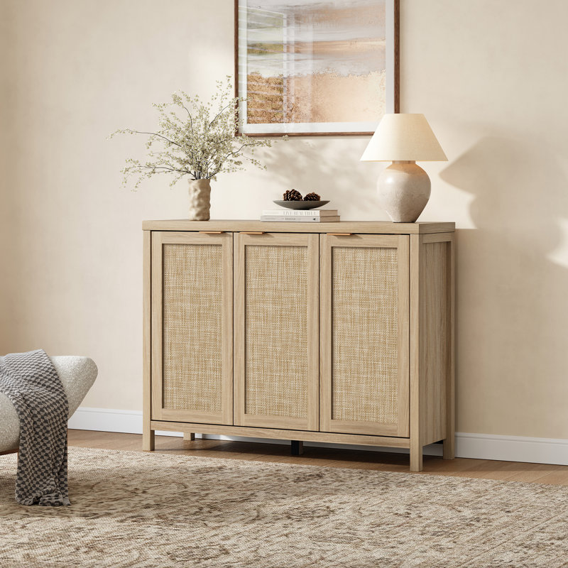 Buffet 43,5 po à 3 portes en rotin avec tablettes réglables, crédence moderne avec armoire de rangement Boho Farmhouse, 2