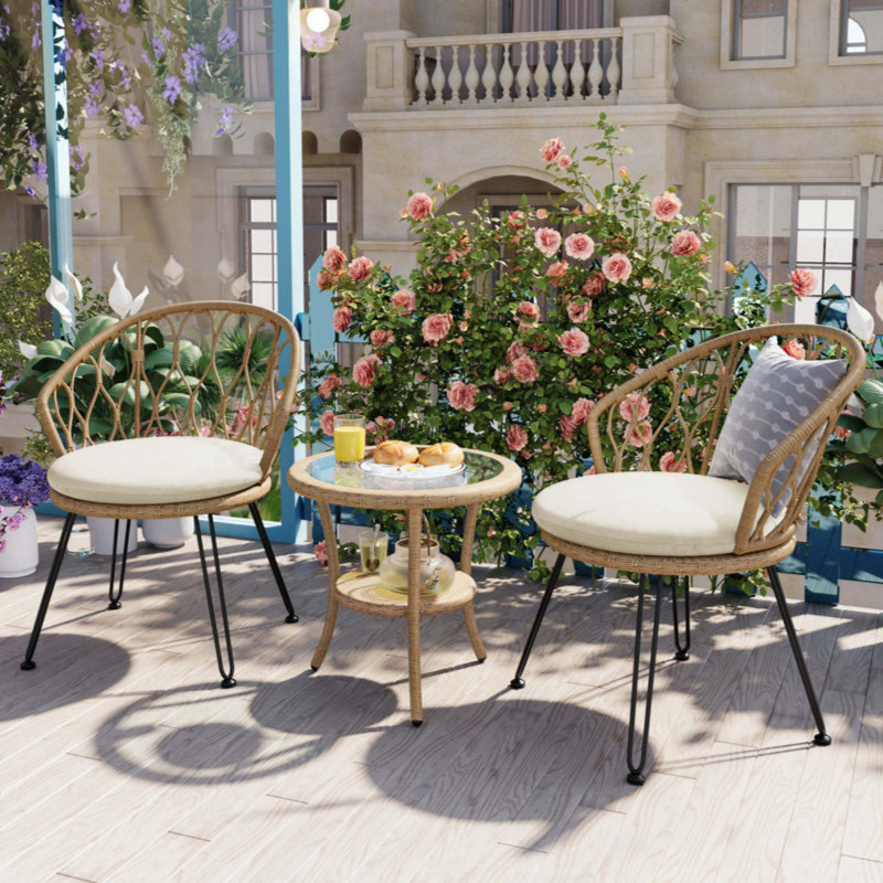 3-Piece Outdoor Rattan Bistro Set, 2 Wicker Chairs & Round Glass Table for Patio, Balcony & Courtyard