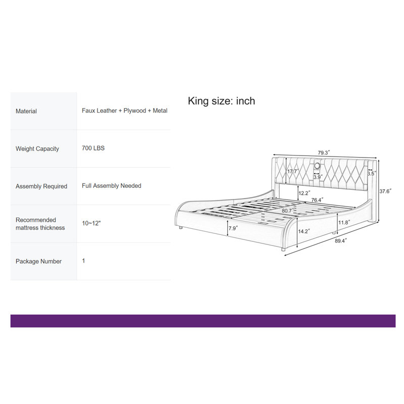 Smart Bed with Bluetooth Speakers & RGB Lights - Faux Leather Platform Bed, Thickened Headboard, No Box Spring Needed, Black