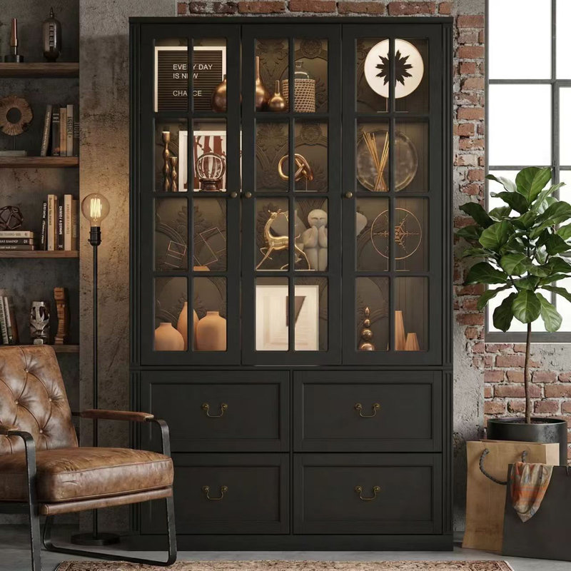 78.7'' H x 47.2'' W Wood Display Case with Drawers, Black 