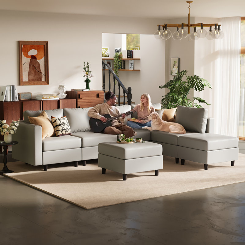 7-Piece 118.5'' Reversible Modern L-Shape Sectional Sofa With Storage Seat- Faux Leather-Light Gray, Light Gray Faux Leather