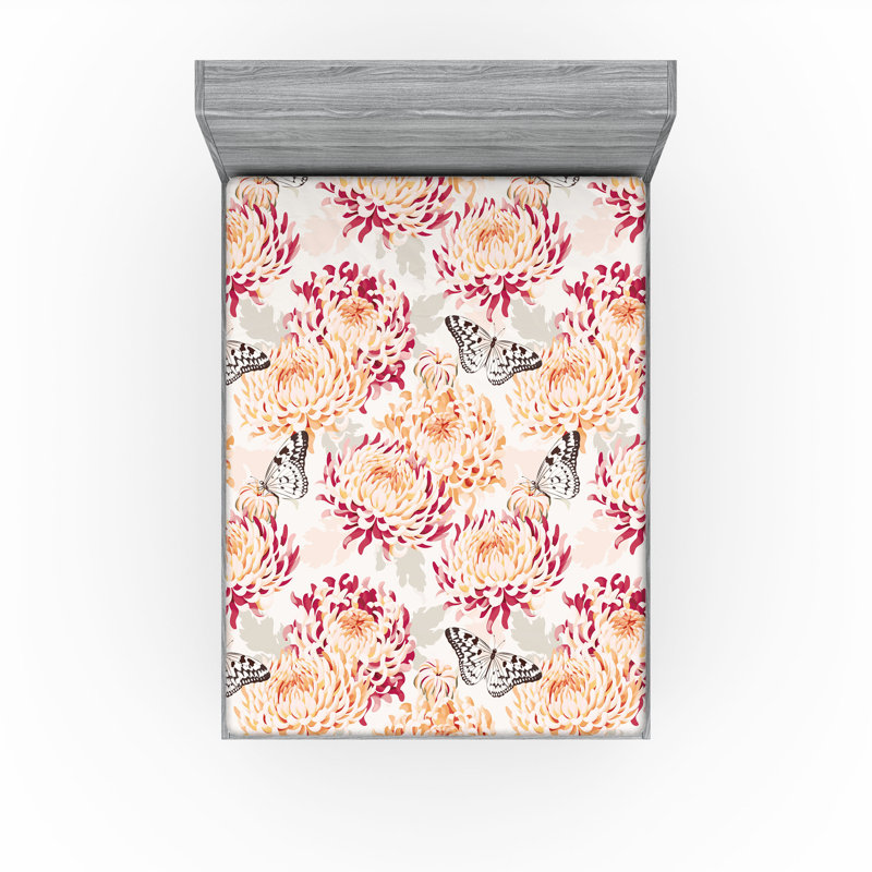 Ambesonne Nature Vibes Fitted Sheet Chrystanthemum Print Full Size Raspberry Pale Peach, California King Fitted Sheet