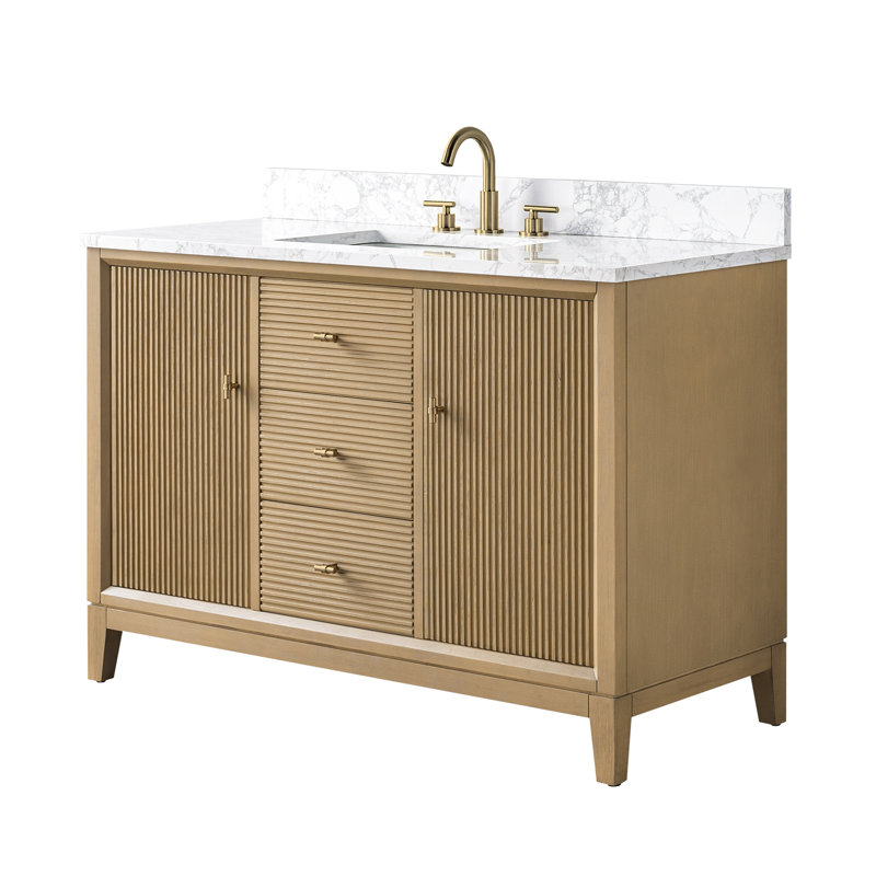 Ensemble de meuble-lavabo autoportant 48 po avec plateau en marbre Caldwell, Chêne naturel, Doré brossé, Blanc Arabescato