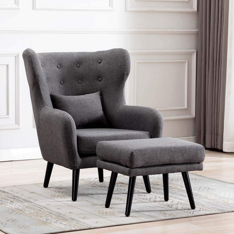 Glennon Upholstered Wingback Chair, Grey with Footstool