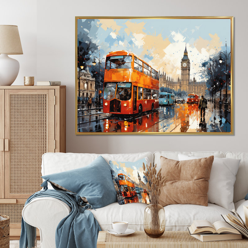 «Red Beige City London Popart I» sur toile, Cadre flottant doré, H 30 po x l 40 po x P 1,5 po