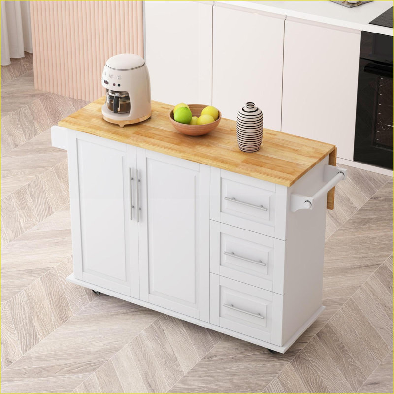 Kitchen Island Cart with 2-Door Cabinet, 3 Drawers, Spice/Towel Racks, 43.31” Width, Snow White | White | MDF, White