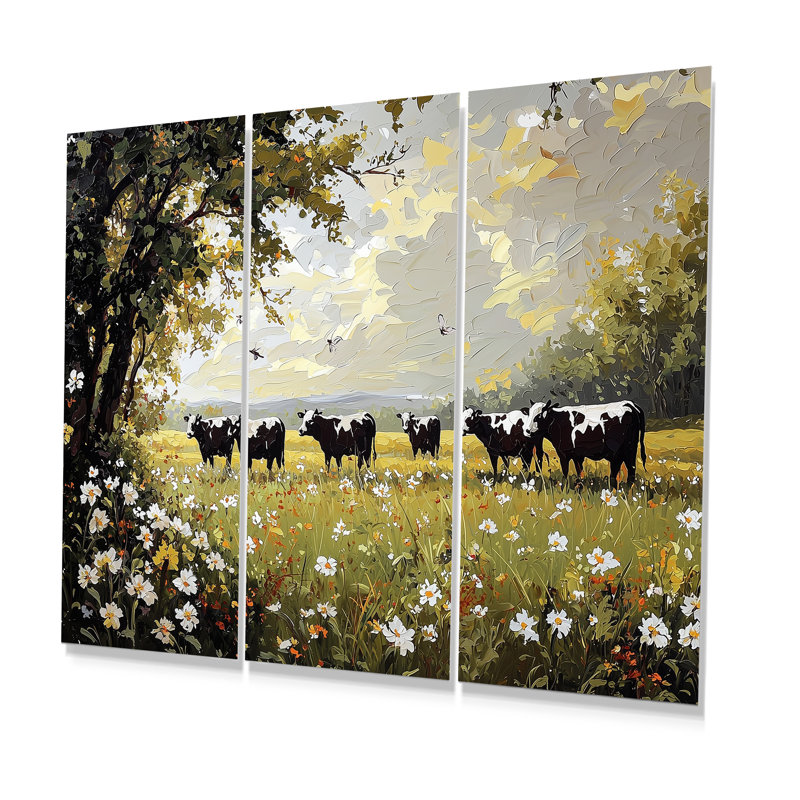 Vache verte et brune, pâture de paysage de ferme I - ensemble de salon d'art mural de ferme, Métal métal