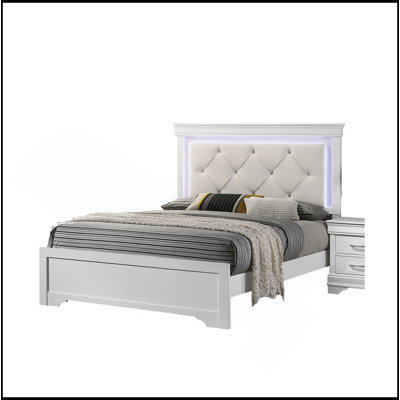 White Faux Leather Tufted Headboard 1Pc Queen Size Bed W LED Bedroom Furniture White Unique Texture FB Solid Wood -  Mercer41, EF1B17AECAF14B48B2DFD5738304CF46