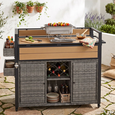 Wicker Outdoor Grill Cart with Extended Table Top and Storage Cabinet