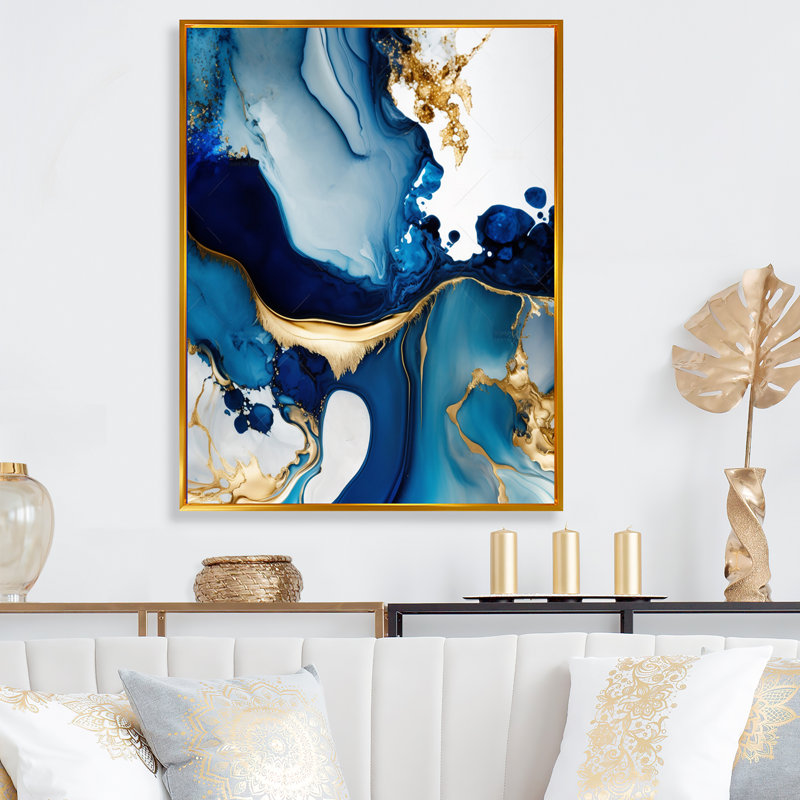 Géode abstraite marbre bleu I - impressions sur toile de marbre abstrait, H 40 po x l 30 po, Toile avec cadre flottant, Doré