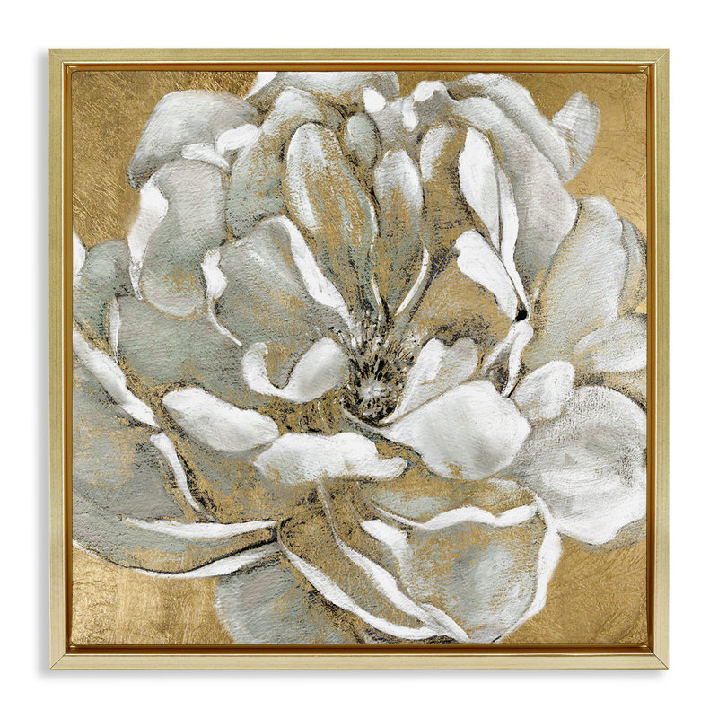 Fleur de magnolia blanc rougissant abstrait, Cadre flottant métallique doré, H 25 po x l 25 po