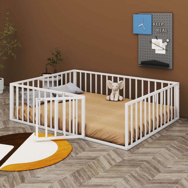Diocles Metal Floor Bed Frame with Fence & Door, Full, White